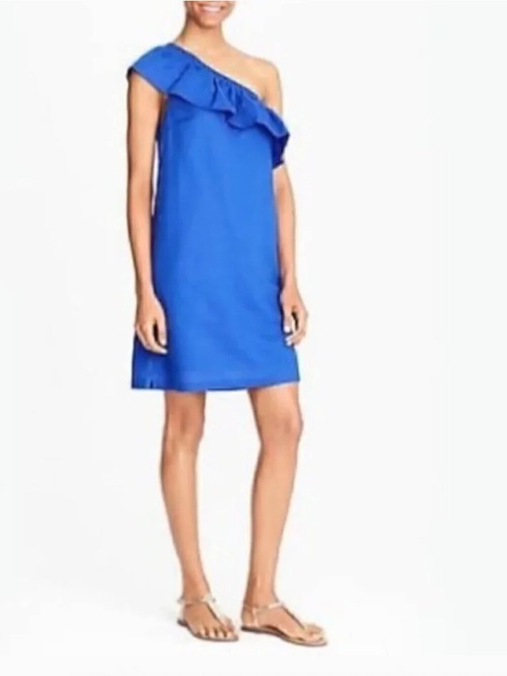 J. Crew One-shoulder Dress In Brilliant Sapphire Blue Linen Cotton Blend Small